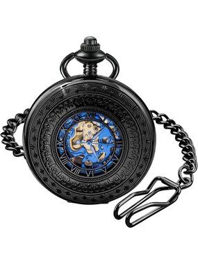 Men's Black Vintage Style Hollow-Out Round Gear Arabic Mechanical Pocket Watch